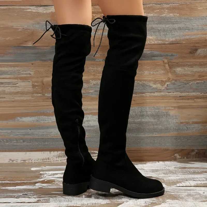 Fashion Slim Over The Knee Boots Women Autumn Winter Short Plush Long Boots Woman Black Flock Low Heel Thigh High Botas Big SizeC250210