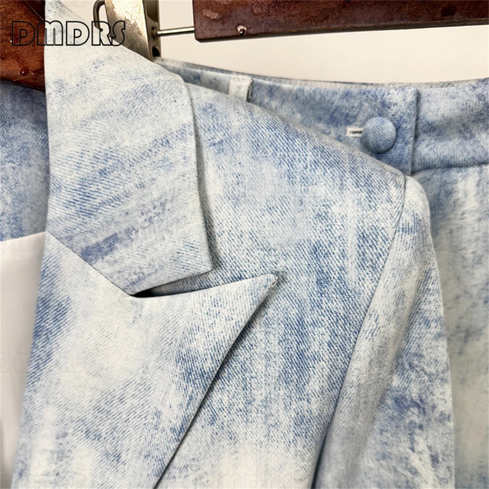 Retro Denim Suit Set for Women 2-Piece Fashion Outfit Blazer Pants Set High Street Plus Size Womens Suit Set Real Po 250210