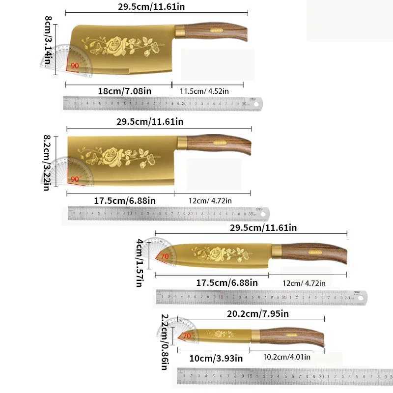 Gold Rose Pattern 4-Piece Kitchen Knife Set Luxury Stainless Steel Chef Knives for Cooking Sharp Professional Kitchen ToolsXJ250210