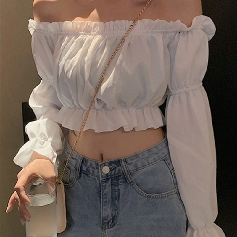 Womens top sexy shirt shoulder long sleeves solid color white fluffy ruffles tuned summer 250208Z