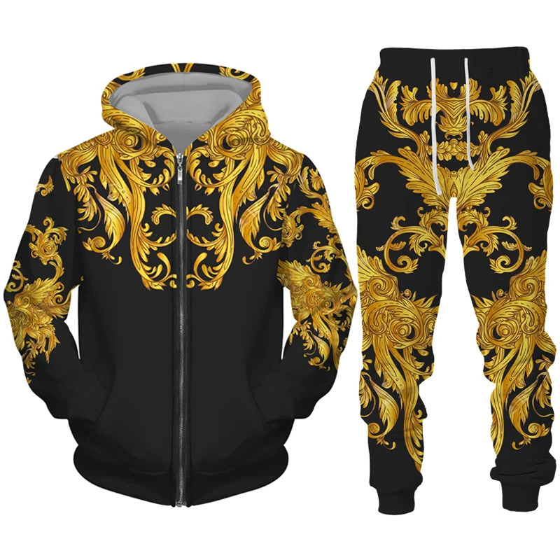 Golden Pattern 3D Print Mens Zipper Tracksuit Set Casual HoodiePants 2pcs Sets Oversized Sweatshirt Fashion Men Clothes 250226