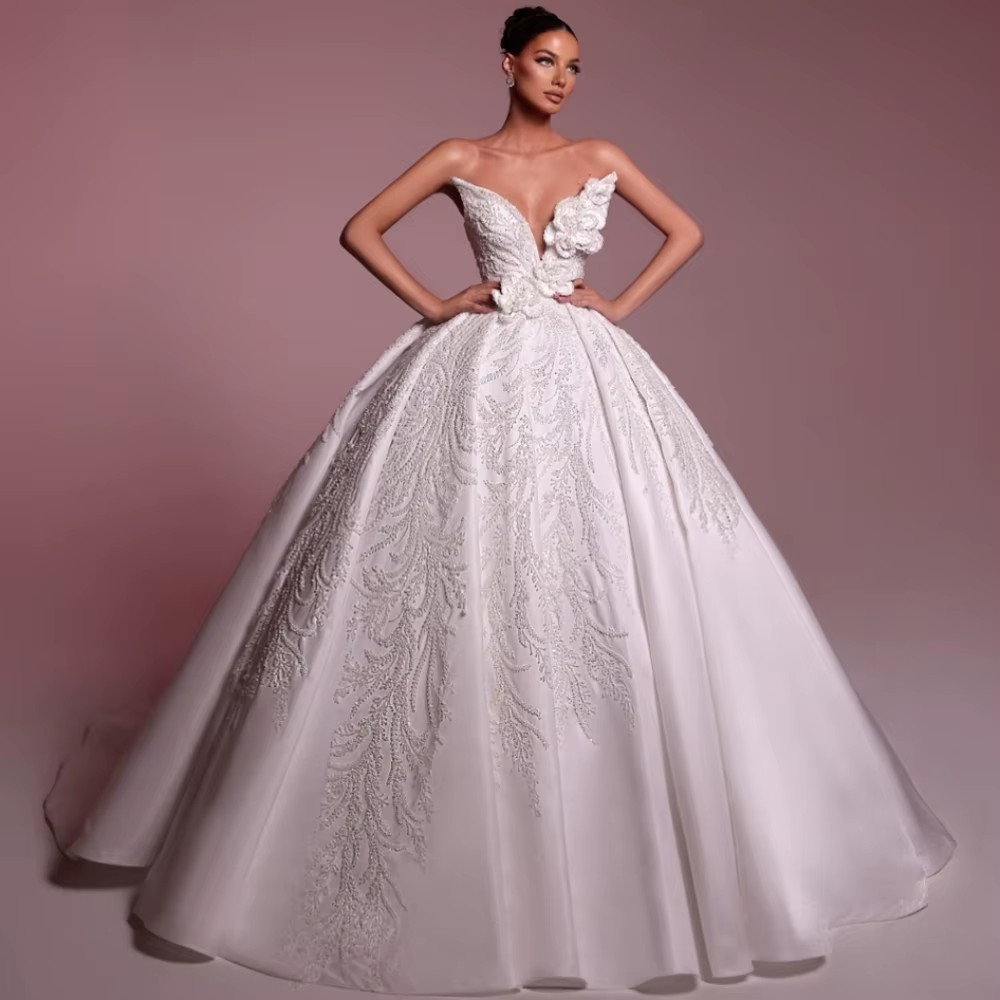 Elegant Ball Gown Wedding Dress For Women Sweetheart Neck Sleeveless Bridal Gowns 3D Appliques Sequins Sweep Train Dresses Custom Made vestidos de nov