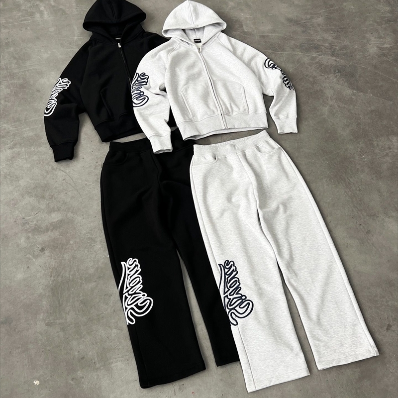 Retro Trend Zipper Hoodie and Casual Pants 2Pieces Sets Loose Leisure Tracksuit Y2k Street Sweatshirt Men Sweatpants Suit 250109Z