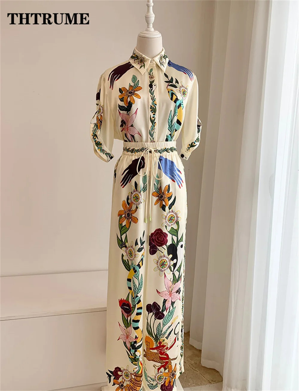 Fashion Women Two Piece Sets Elegant Summer Floral Print Lapel Single Breasted Tops Wide Leg Pants Outfits Casual Streetwear 250210