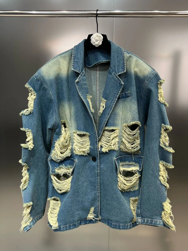 Vintage Street Denim Suit Autumn Ripped Tassel Loose Blazer CoatWide Leg Casual Jeans Straight Pants Two-Piece Set 250210