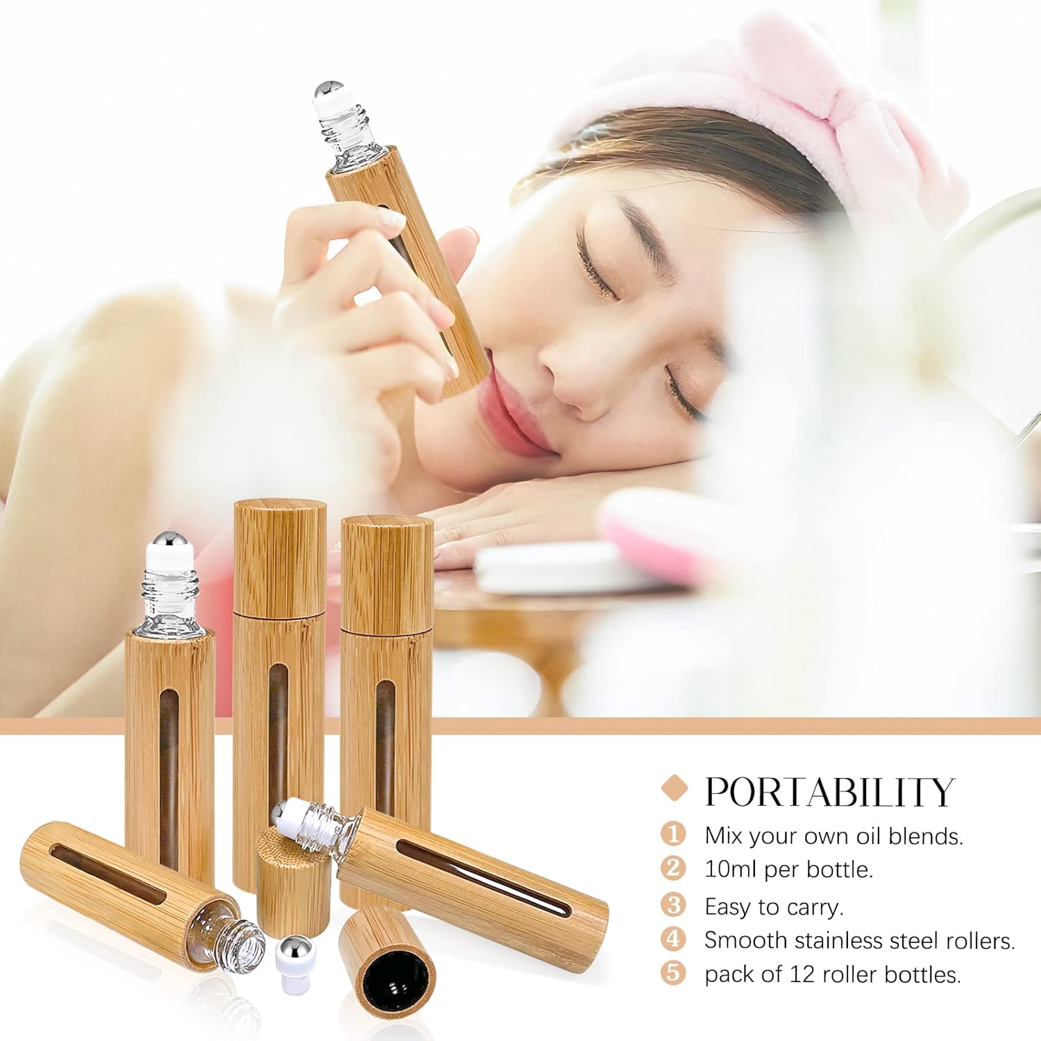 5ml 10ml Roll on Bottles with Bamboo Shell Portable Refillable Perfume Bottle with Stainless Steel Ball for Essential Oils
