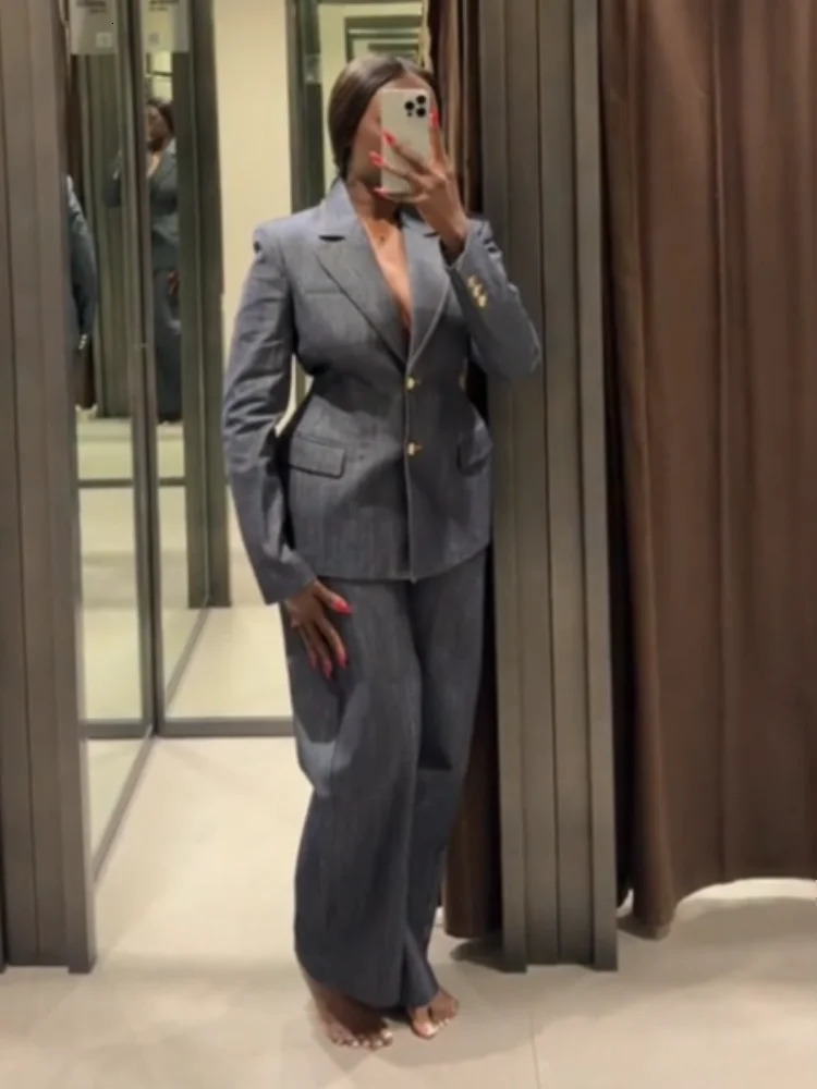 Fashion Denim Blazer Jacket Vest Jeans Sets Women 3 Pieces Notched Button Up Coat Street Vest Wide Leg Pants Blue Lady Suits 250210