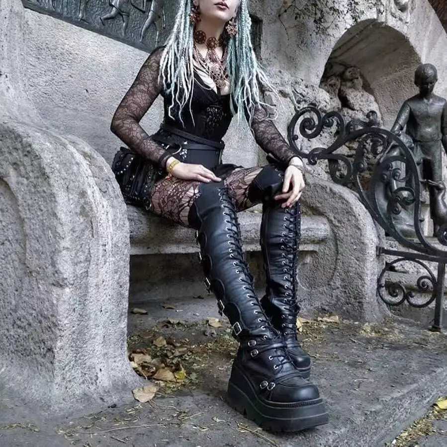 Fashion High Boots Women Platform Wedges Motorcycle Boot Over The Knee Army Stripper Heels Black Lace-up Belt Buckle Long BootsC250210