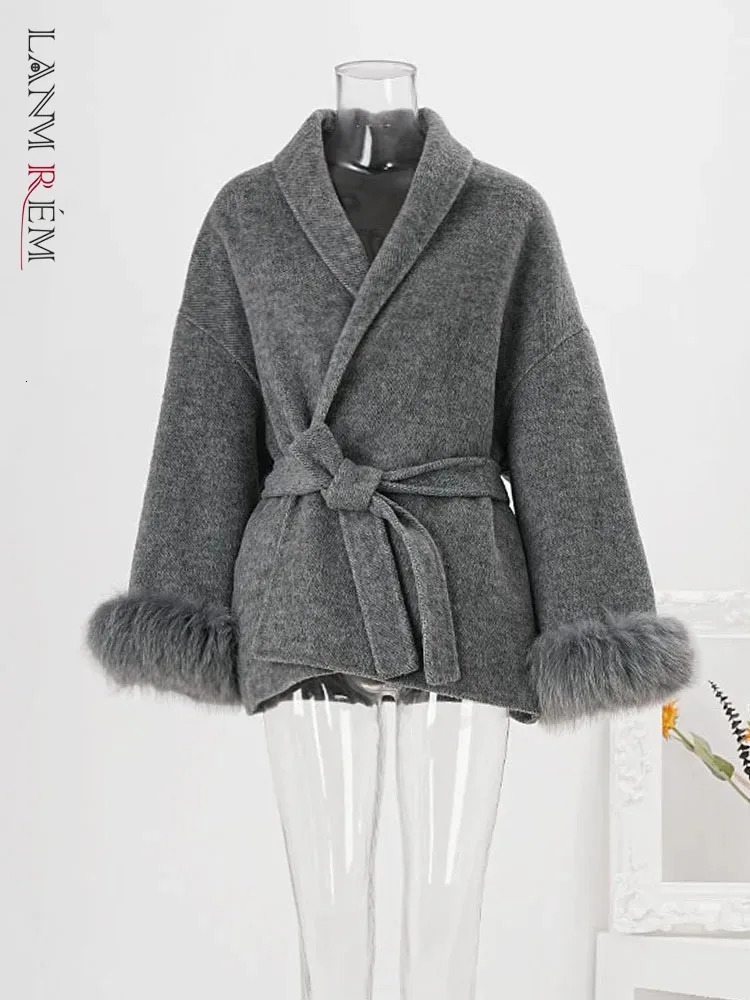 LANMREM Autumn Winter Woolen Coat Women Fashion Feather Spliced Sleeves Belt Gathered Waist Jackets 2024 Clothing CPG1864 250109Z