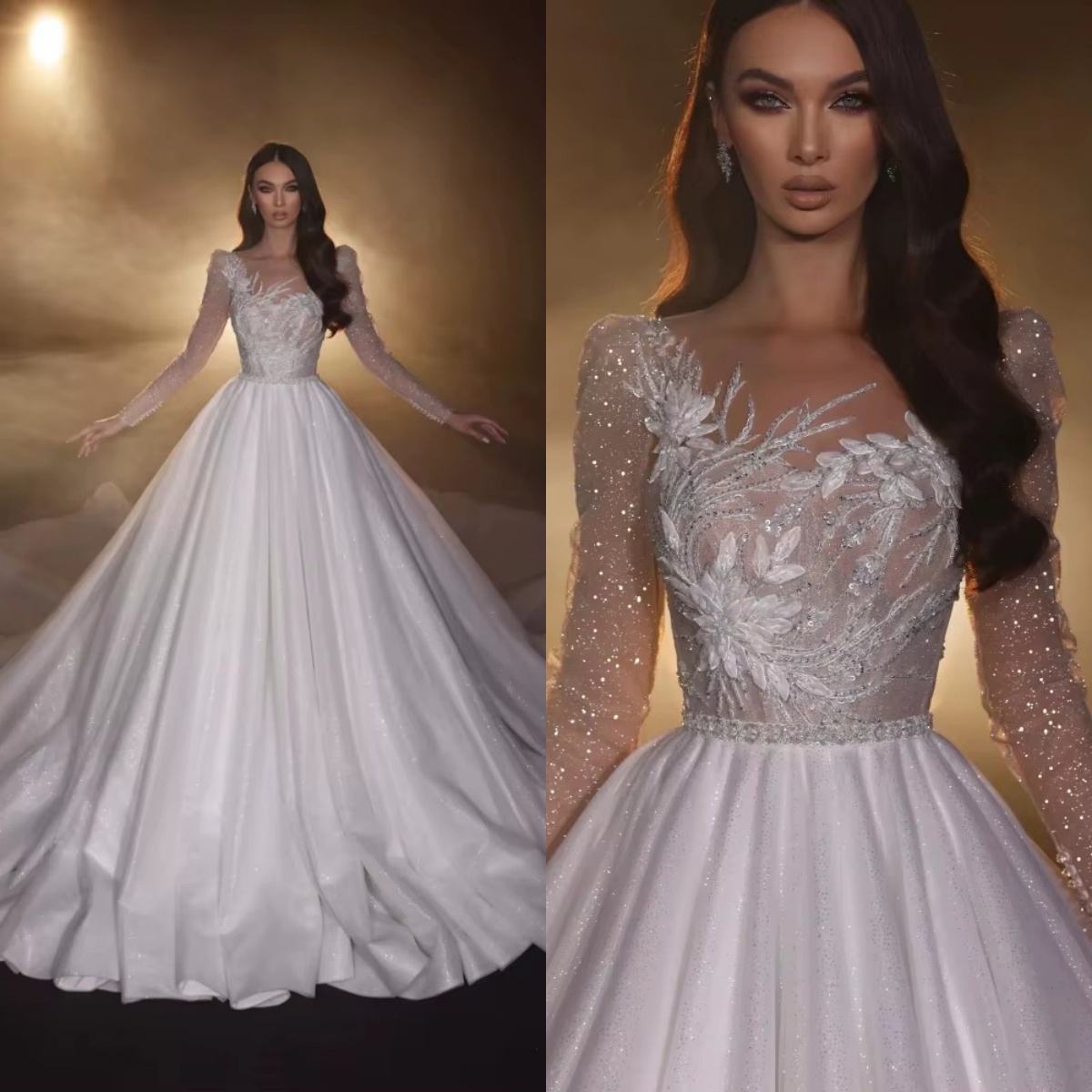 Classic Women Wedding Sheer Neck Long Sleeves Bridal Gowns Sequins Appliques Sweep Train Dress Custom Made vestidos de novia