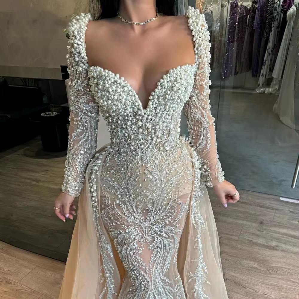 Gorgeous Mermaid Wedding Dress Sweetheart Neck Long Sleeves Bridal Gowns Pearls Sequins Detachable Train Dresses Custom Made vestidos de novia