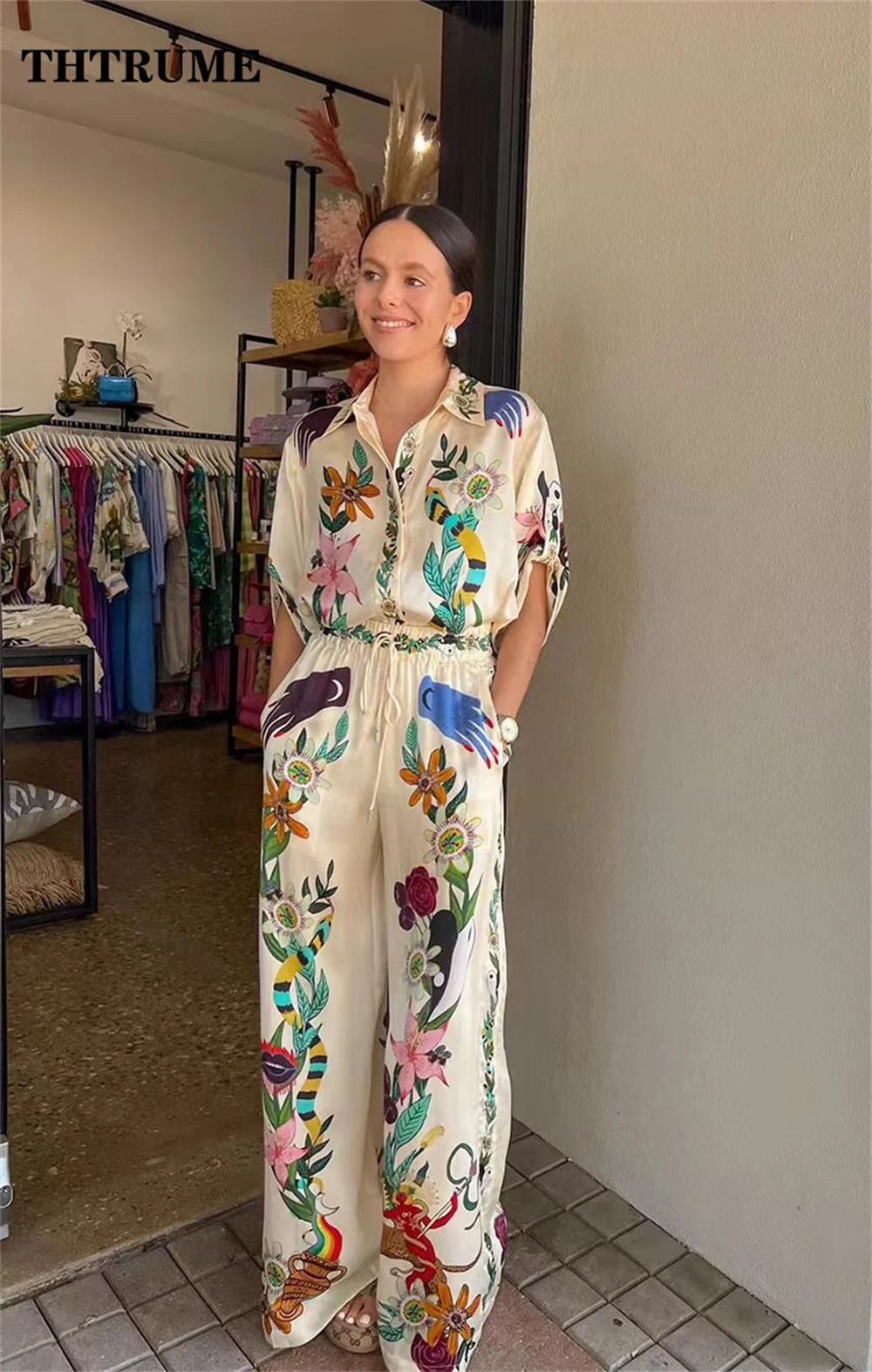 Fashion Women Two Piece Sets Elegant Summer Floral Print Lapel Single Breasted Tops Wide Leg Pants Outfits Casual Streetwear 250210