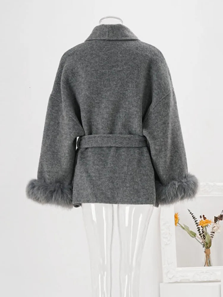 LANMREM Autumn Winter Woolen Coat Women Fashion Feather Spliced Sleeves Belt Gathered Waist Jackets 2024 Clothing CPG1864 250109Z