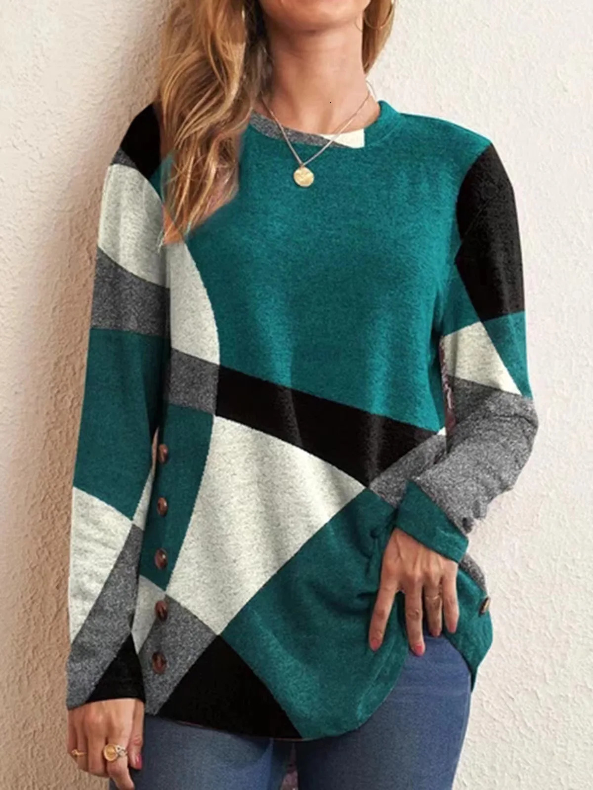 European and American Women Casual Color Block Long Sleeve Buttons Top Dressy Geometric Tunic Tops Crewneck T Shirts 250114Z