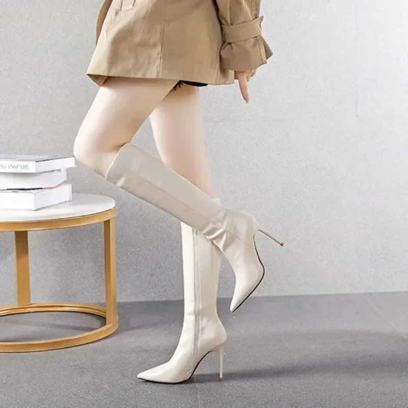 Black Womens Boots Long Pointed Toe Very High Heel Shoes for Woman Footwear Winter Knee Shaft Boot Trend 2024 Demi-season HotC250210