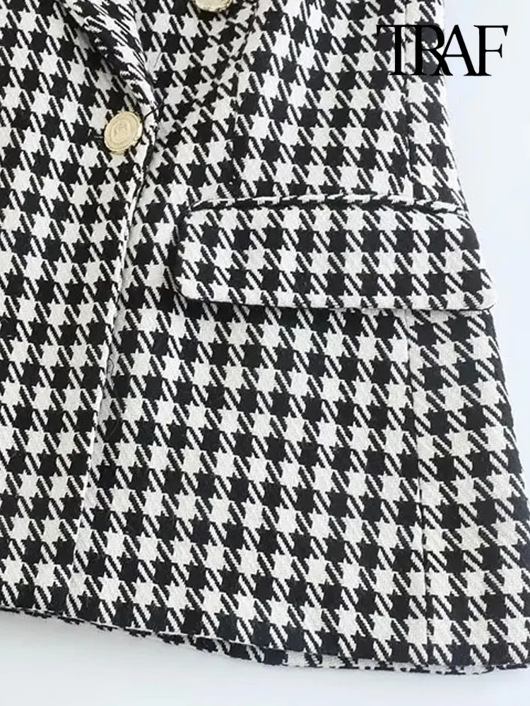 TRAF Women Fashion Double Breasted Houndstooth Blazer Coat Vintage Long Sleeve Flap Pockets Female Outerwear Chic Vestes 250208wtt