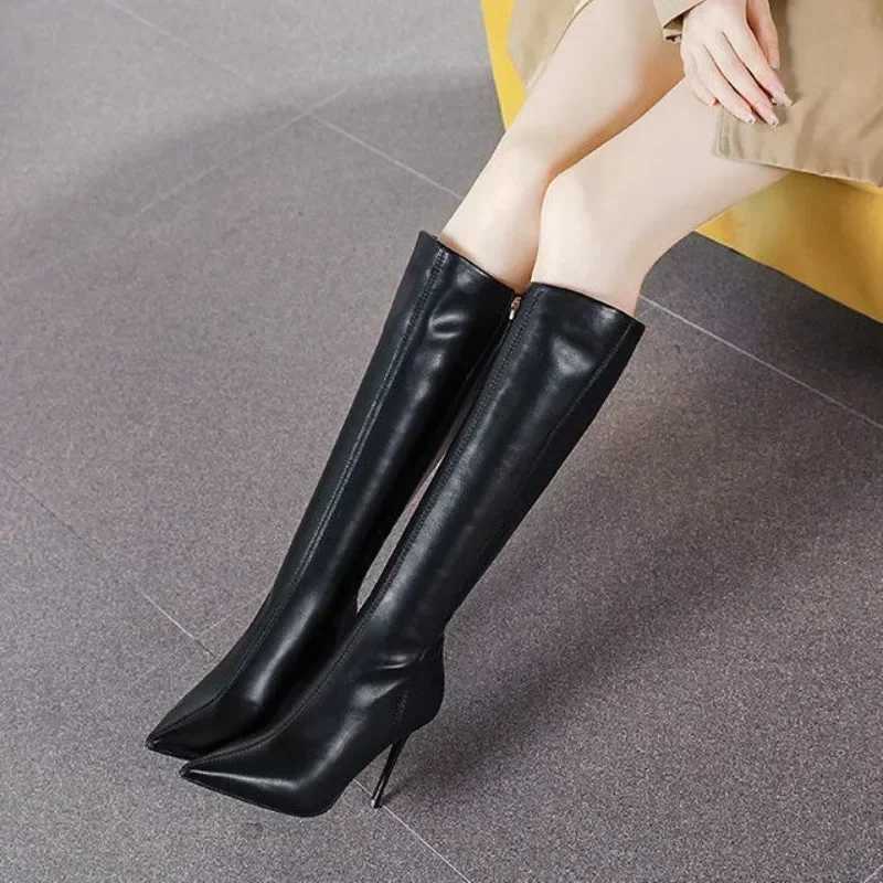 Black Womens Boots Long Pointed Toe Very High Heel Shoes for Woman Footwear Winter Knee Shaft Boot Trend 2024 Demi-season HotC250210
