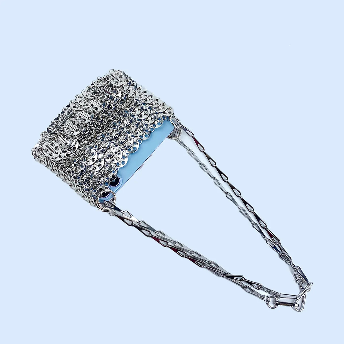 Silver Shiny Bag Handmade Woven Beaded Sequin Bag Mobile Phone Bag Long Shoulder Strap Single Shoulder Crossbody Bag for Women 250210