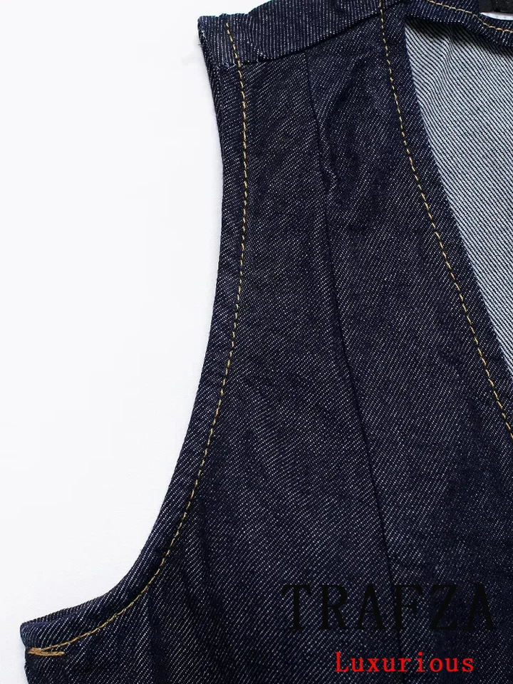 TRAFZA Vintage Office Lady Solid Denim Women Suit V-Neck Single Breasted Vest Straight Loose Pants Fashion Autumn Sets 250210