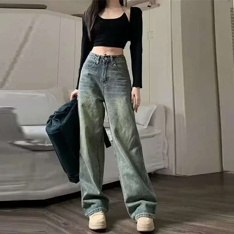 2024 Vintage Jean Irregular High Waist Slimming Wide Leg Mop Long Pants Fashion Blue Baggy Jeans Y2K y250121