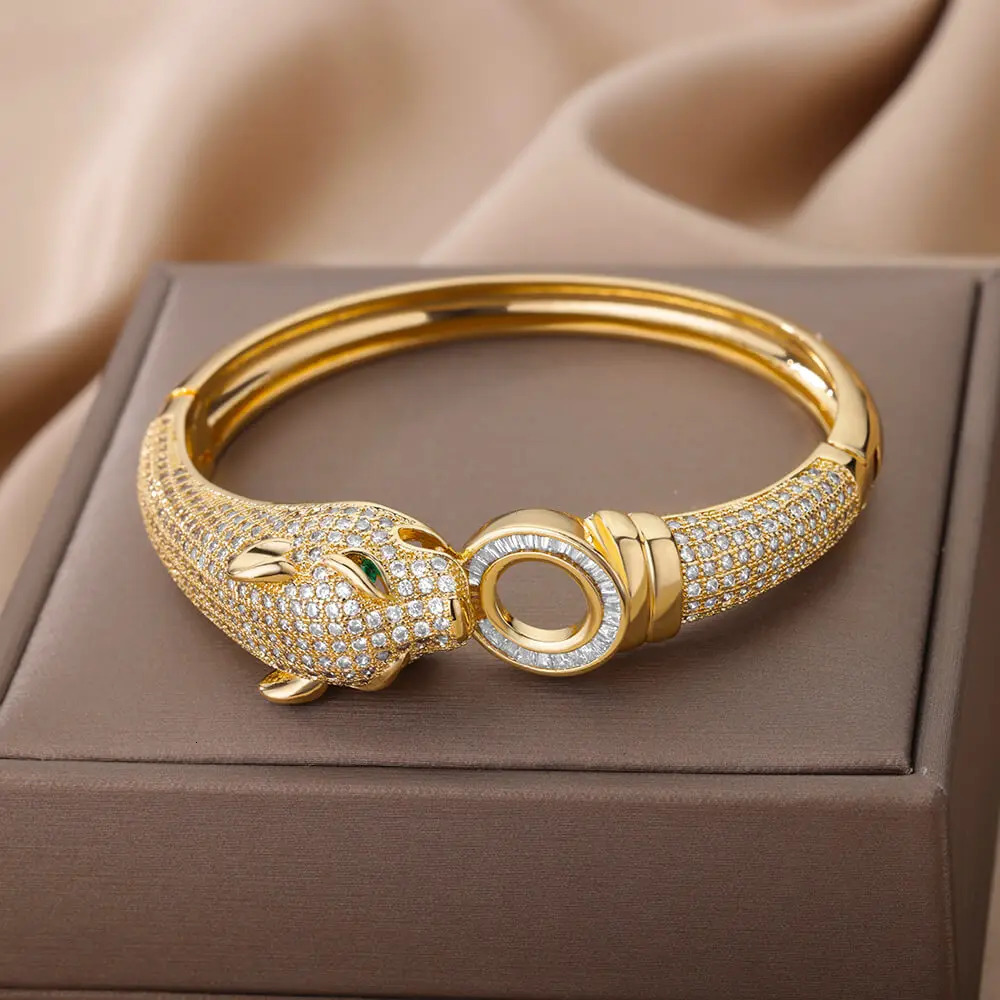 Fashion Hip Hop Animal Bracelet Jewelry Women Men Exaggerated Cubic Zirconia Leopard Head Bangles Party Gift 250210