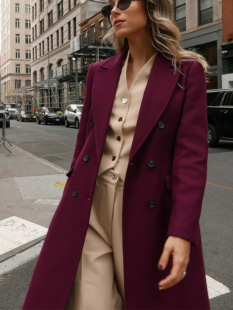 Street Womens Burgundy Woolen Overcoat With Belt Vintage Lapel Double Breasted Long Coat 2024 Autumn Winter Lady Chic Outwear 250109Z