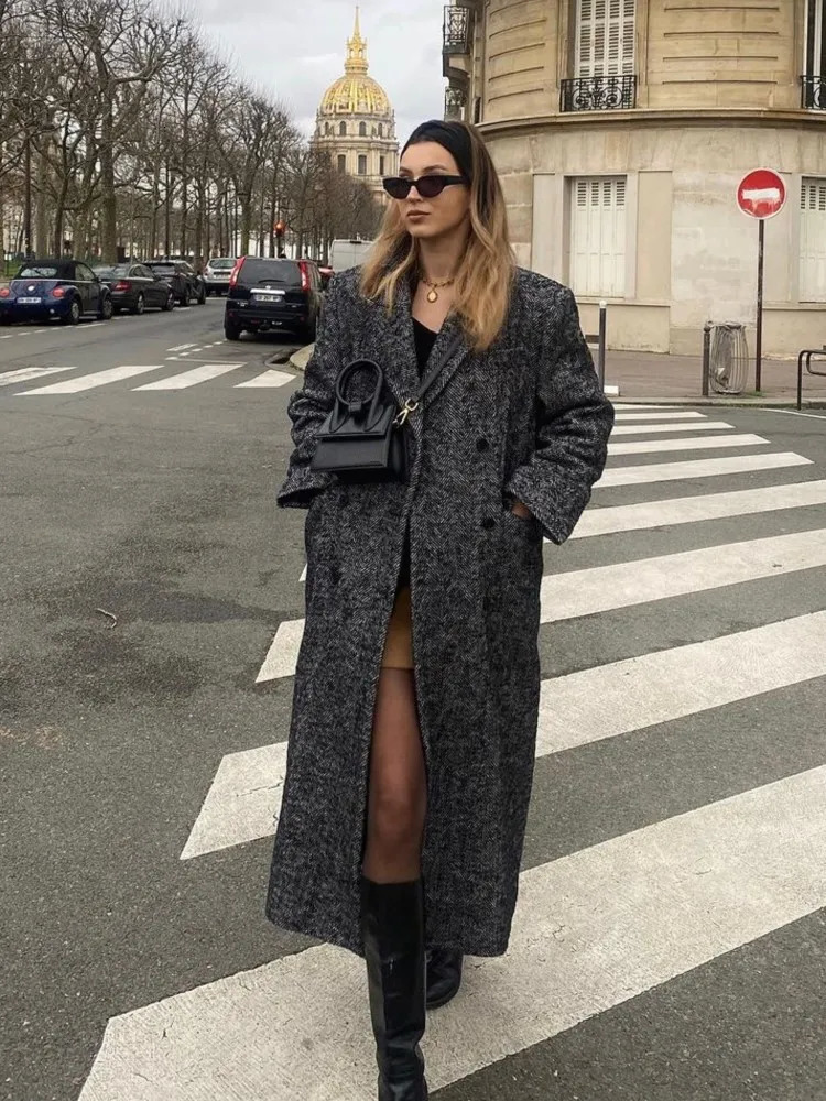 Suit Collar Striped Long Coat Thicken Woolen Overcoat Casual Loose Elegant Womens Commute Warm Cotton Coats Autumn Winter 250109Z