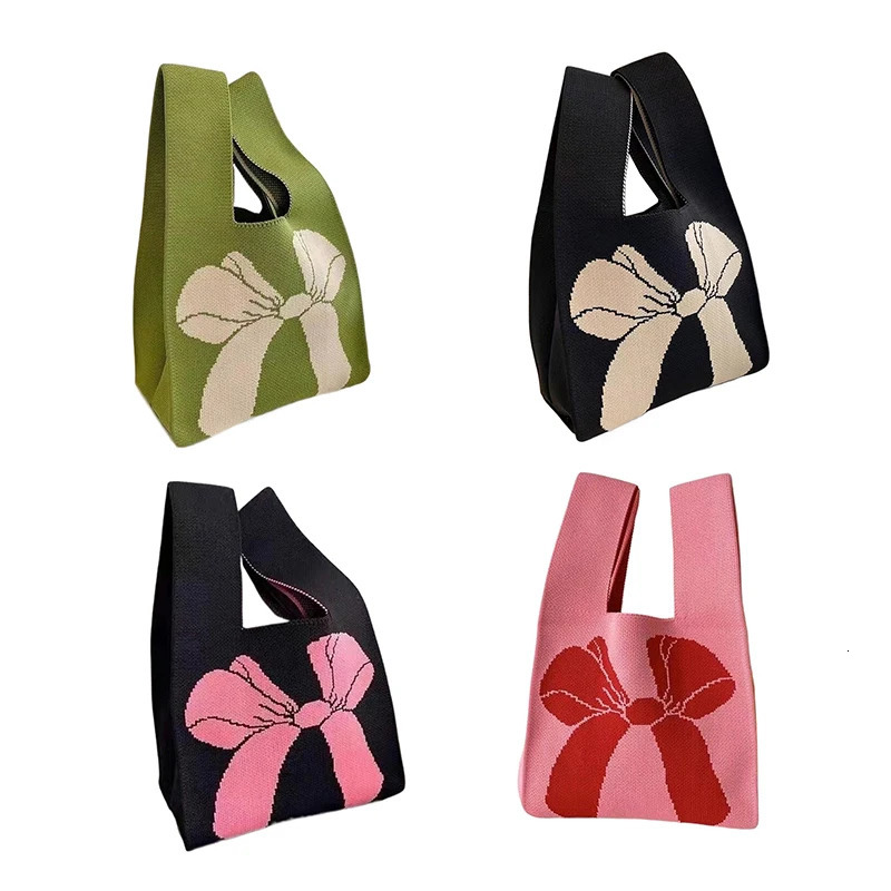 Women Handmade Knot Wrist Bag C Bowknot Knit Handbags asual Small Bow Tote Bag Reusable Shopping Bags 250207