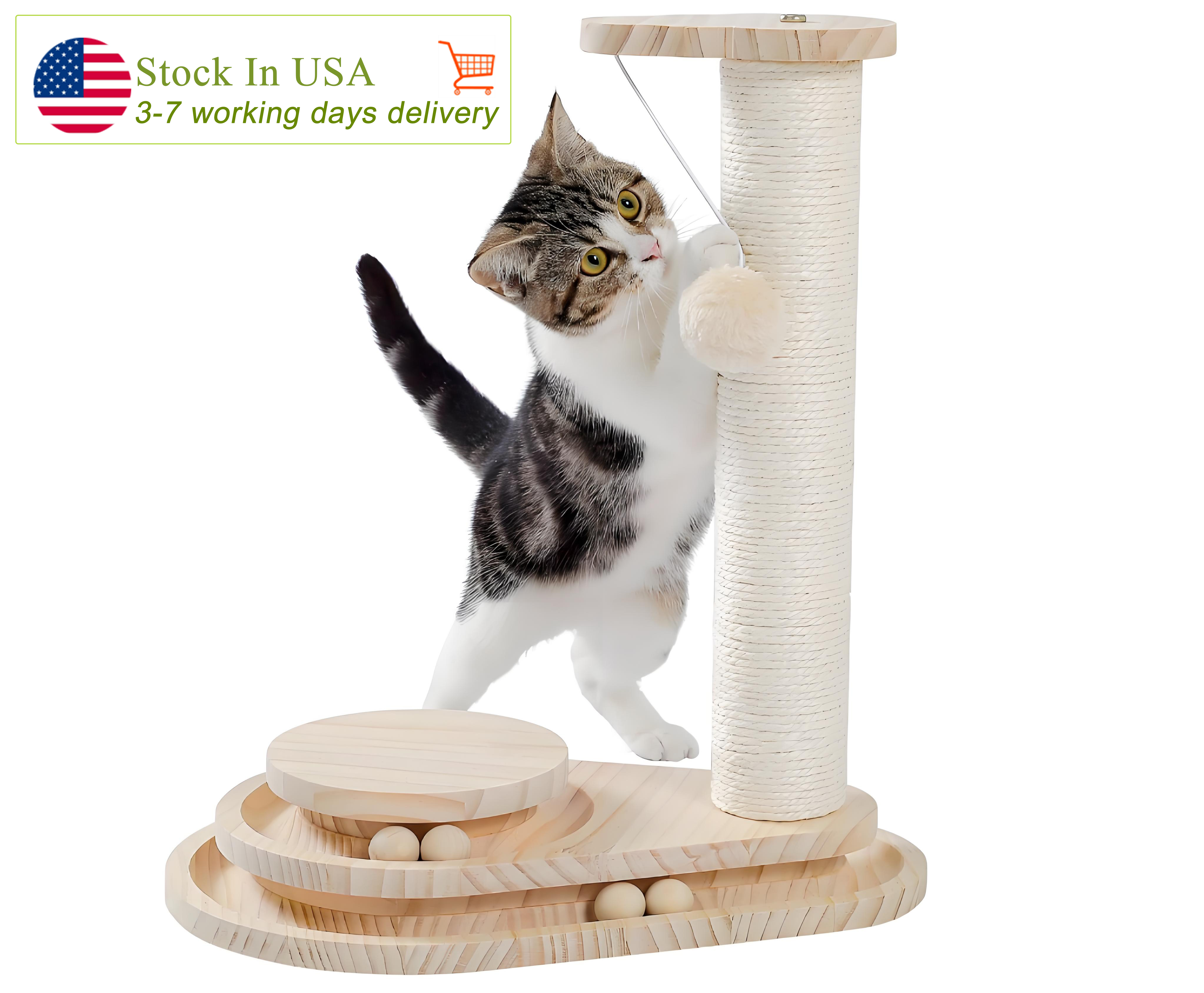 Made4Pets Cat Scratching Post for Indoor Cats Wooden Ball Track Two-Layer Modern Sisal 17.7" Tall Scratch Post Interactive Toy with Dangling Ball