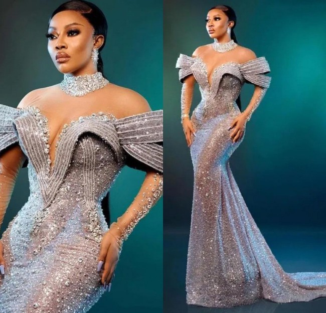 Sier Crystals Beaded Mermaid Evening Dresses African 2025 Aso Ebi High Neck Sheer Long Sleeves Ruffles Formal Party Dress Event Gala Gowns BC19057 021