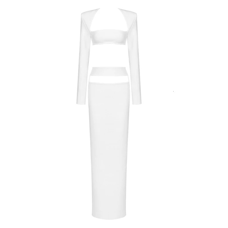 Chic Two Piece Maxi Set: Women's Hollow Out Long Sleeve Bandage Top and Slit Skirt Set - Perfect for Parties & Club Nights C260312