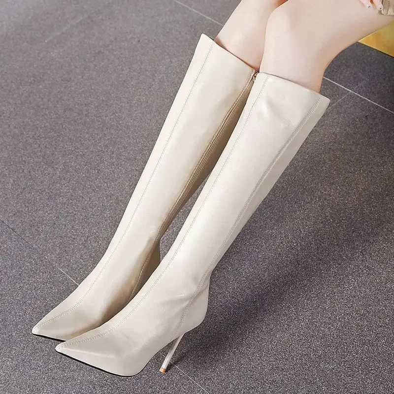 Black Womens Boots Long Pointed Toe Very High Heel Shoes for Woman Footwear Winter Knee Shaft Boot Trend 2024 Demi-season HotC250210