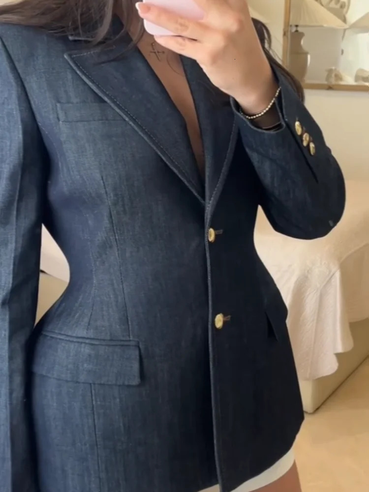 Fashion Denim Blazer Jacket Vest Jeans Sets Women 3 Pieces Notched Button Up Coat Street Vest Wide Leg Pants Blue Lady Suits 250210