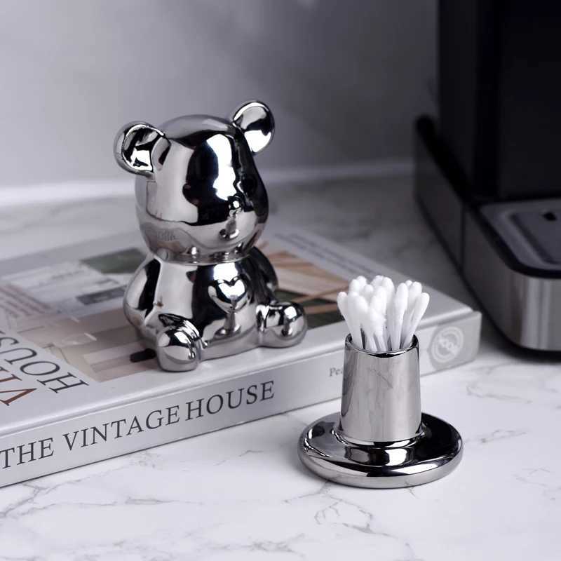 1 piece of ceramic toothpick holder cute shaped cotton toothpick holder with a caring teddy bear fashionable he decoration Y250210