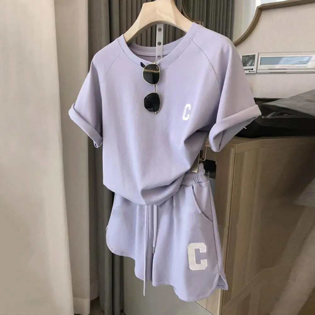 2 PcsSet Summer Women Tracksuit Short Sleeve O Neck Letter Print Tshirt Drawstring Elastic Waist Loose Shorts Top Set 250210