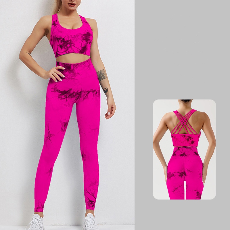 Ladies' European and American Fashion Tie Dyeing Advanced Yoga Set Bra Peach Hip Slimming Casual Pants High Quality Fitness Sportswear
