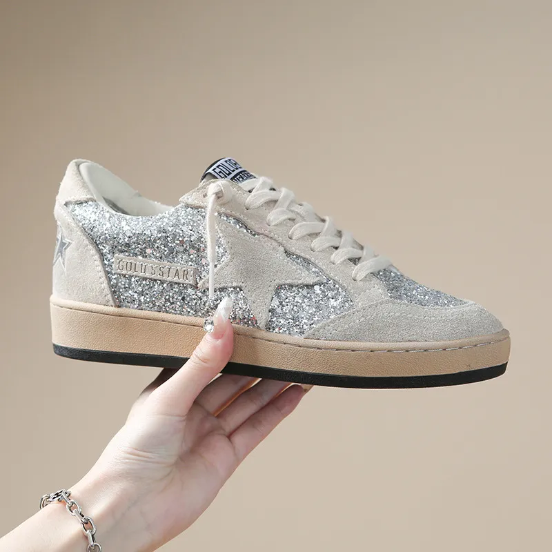 Women Casual Shoes:Korean Version Genuine Leather Fashion Versatile Flat Bottom Sequined hot Star Lace-up Trendy Shoes,Sier,Free shipping
