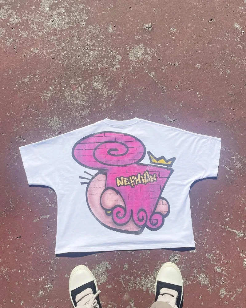 High Street fashion crew neck Short sleeve cartoon print oversized T-shirt for women Y2k Harajuku Fashion vintage couple shirt 250214
