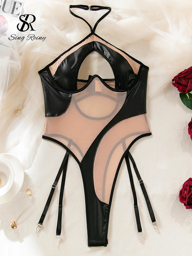 SINGREINY Halter Hollow Out PU Leather Playsuits Women Strapless Shapewear 2024 Fashion Patchwork Sheer Backless Sexy Bodysuits 250210