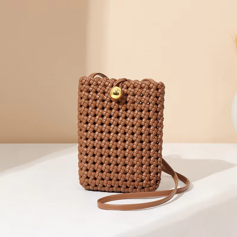 Hand-Woven Hollow Mobile Phone Women's Niche High-End Fashion Shoulder Gilt Buckle Crossbody Mini Small Square Bag