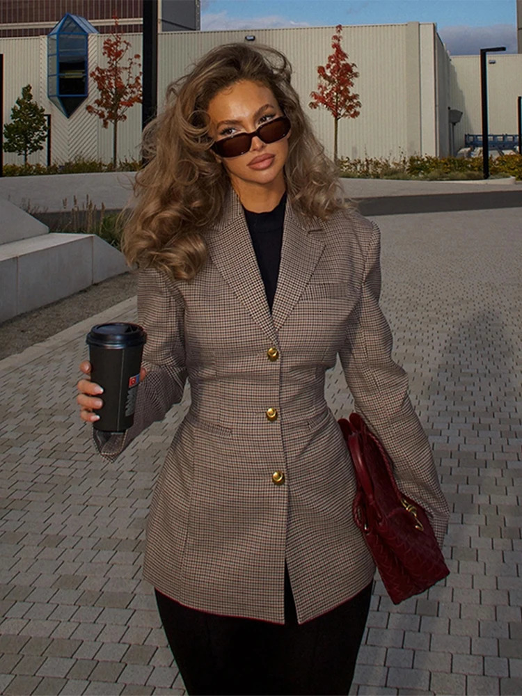 2024 Elegant Womens Jacket Khaki Tartan Print Slim Lapel Buttons Blazer Coat Autumn Casual Long Sleeve Outerwears 250208