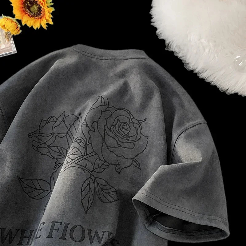 Summer Goth Flowers Printed Tshirts For Men Y2K Vintage Short Sleeve T-shirts Hip Hop Fashion Streetwear Cotton Tee Shirt 250208