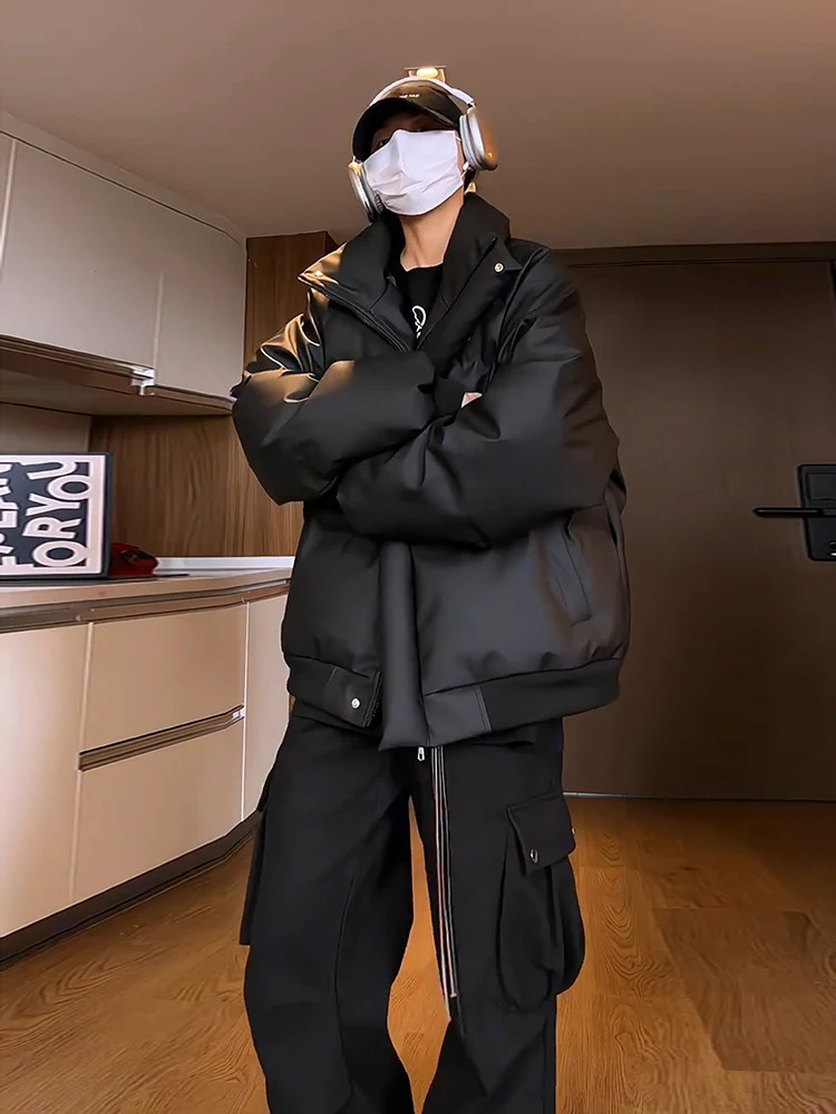 PU leather embroidered stand collar down jacket mens winter American threeproof work highend short bread coat 250109Z