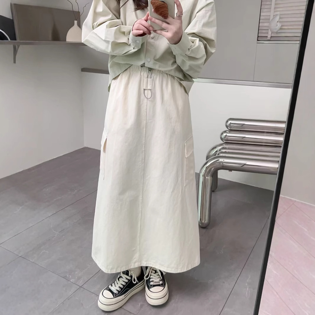 KO5210 American retro elastic waist workwear skirt female 2025 spring new slit long skirt 250053