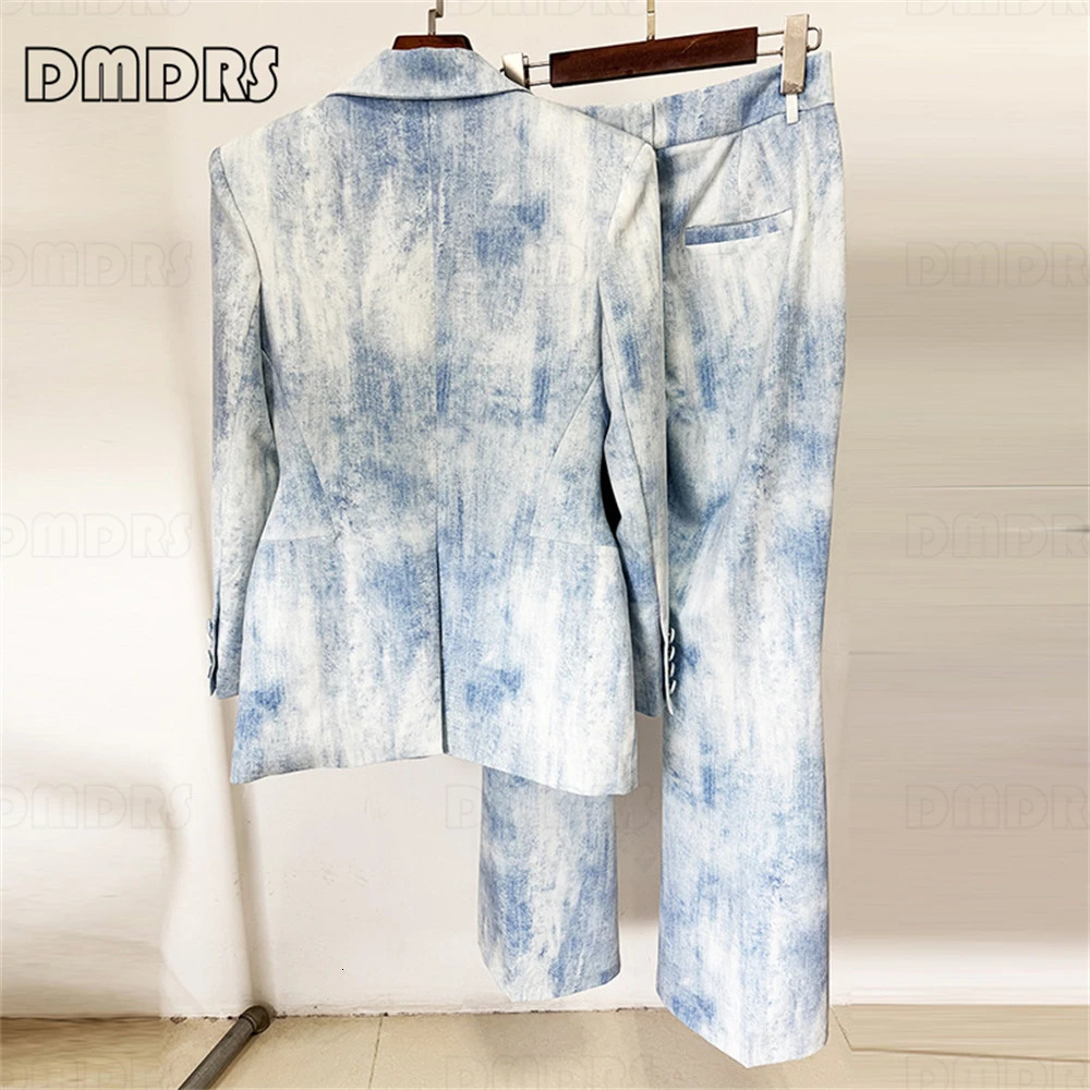 Retro Denim Suit Set for Women 2-Piece Fashion Outfit Blazer Pants Set High Street Plus Size Womens Suit Set Real Po 250210