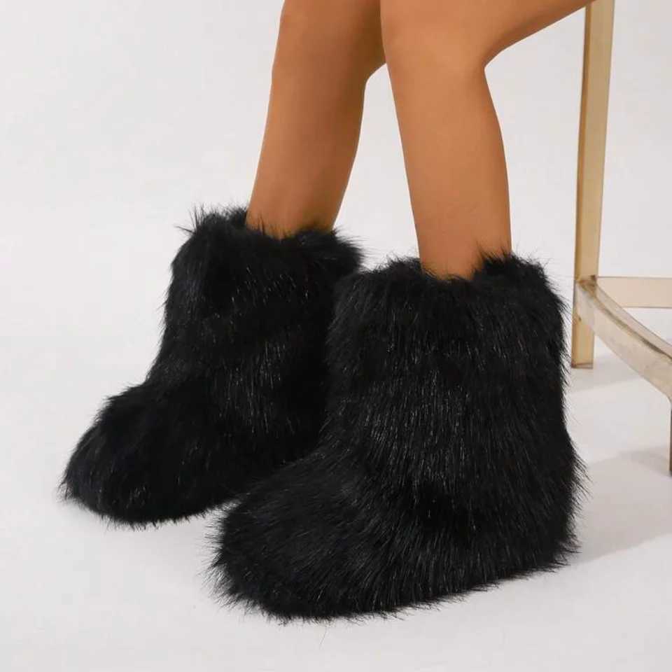 Women Faux Fur Winter Fluffy Plush Warm Mid Calf Snow Fashion hot Furry Boots Comfortable Outdoor Flat ShoesC250210