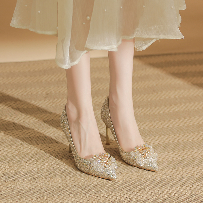 Dress Shoes 2023 wedding shoe New bridesmaids pointed toe stiletto single shoes champagne sequined heels 230823