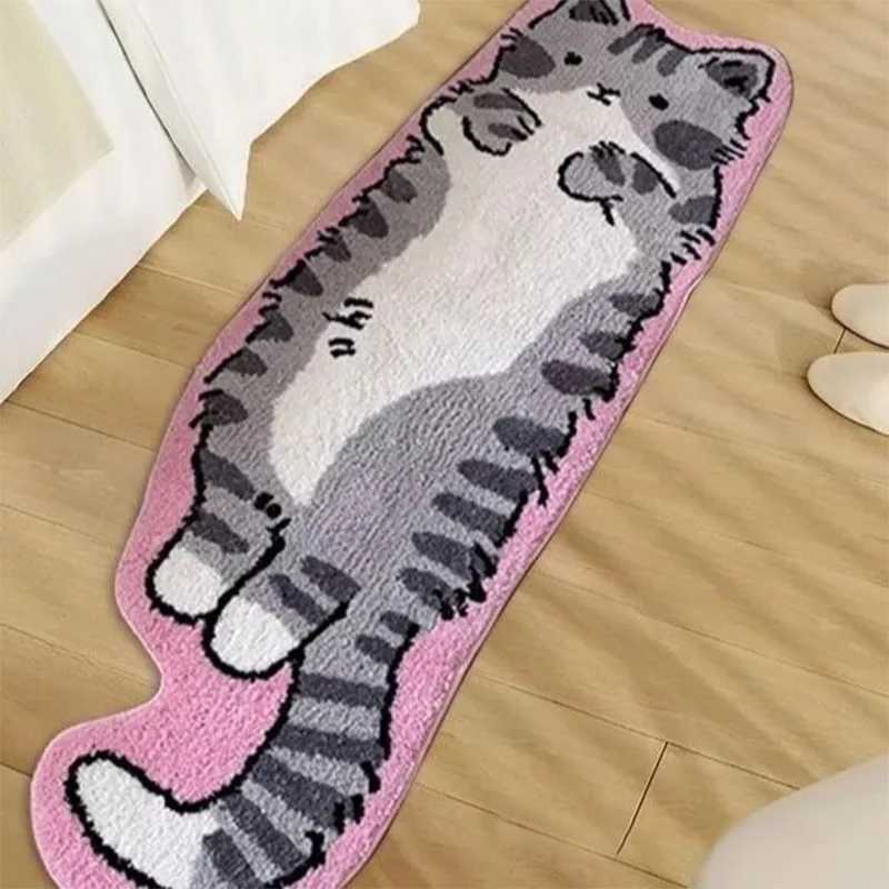 Cartoon Cat Rug Creative Special-shaped Bed Rug Animal Shape Fried Cat Rug Machine Washable Suitable For Bedroom Living Room Y250210