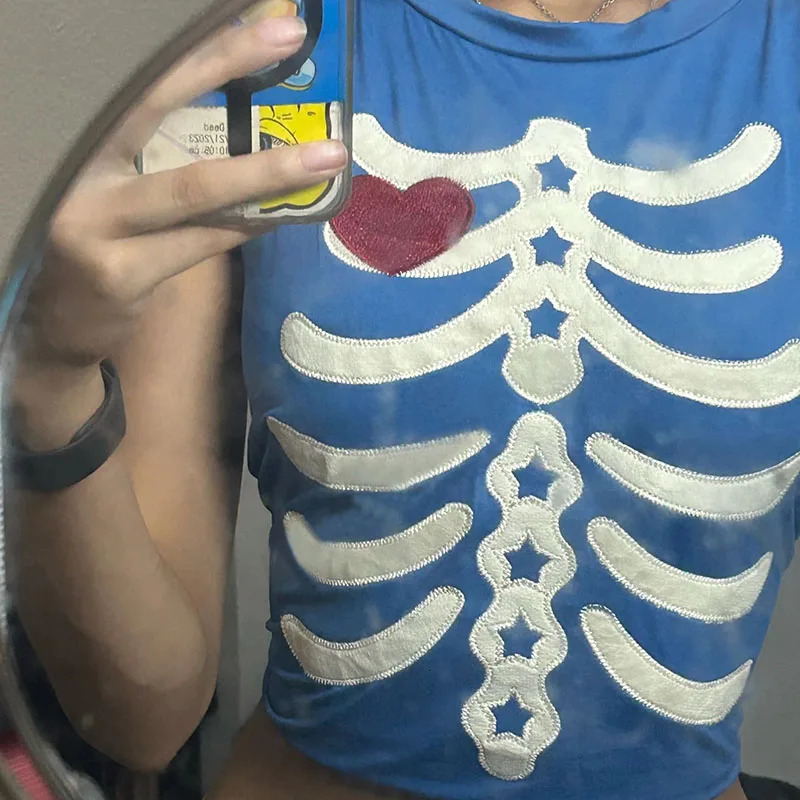 Y2k Crop Top Aesthetics Women Vintage Short Sleeve Tshirt Hip Hop Goth Harajuku Skull Printed Tees Summer Streetwear 250210