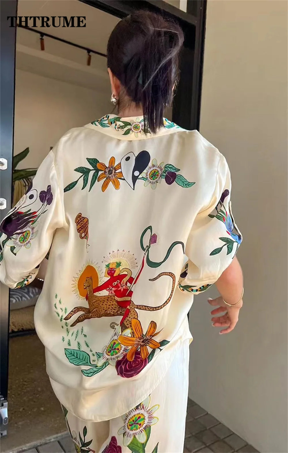 Fashion Women Two Piece Sets Elegant Summer Floral Print Lapel Single Breasted Tops Wide Leg Pants Outfits Casual Streetwear 250210
